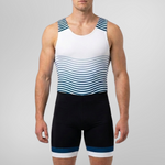 A male model wearing a rowing unisuit. The top is white with blue and black horizontal stripes across the torso and blue striped shoulder straps.