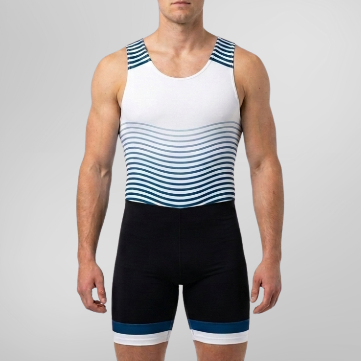 A male model wearing a rowing unisuit. The top is white with blue and black horizontal stripes across the torso and blue striped shoulder straps.