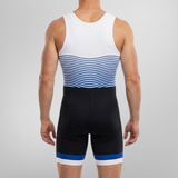 A man viewed from the back wearing a rowing uni. The top is white with a blue and white wavy stripe pattern across the lower back, and the shorts are black with blue and white trim at the hem.