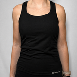 A black knitted tank top worn by a model, featuring a scoop neck and a small white USRowing logo near the bottom hem, set against a plain gray background.