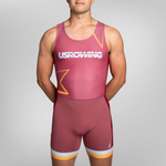 A man wearing a maroon USRowing uni with yellow and white accents.