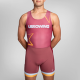 A man wearing a maroon USRowing uni with yellow and white accents.