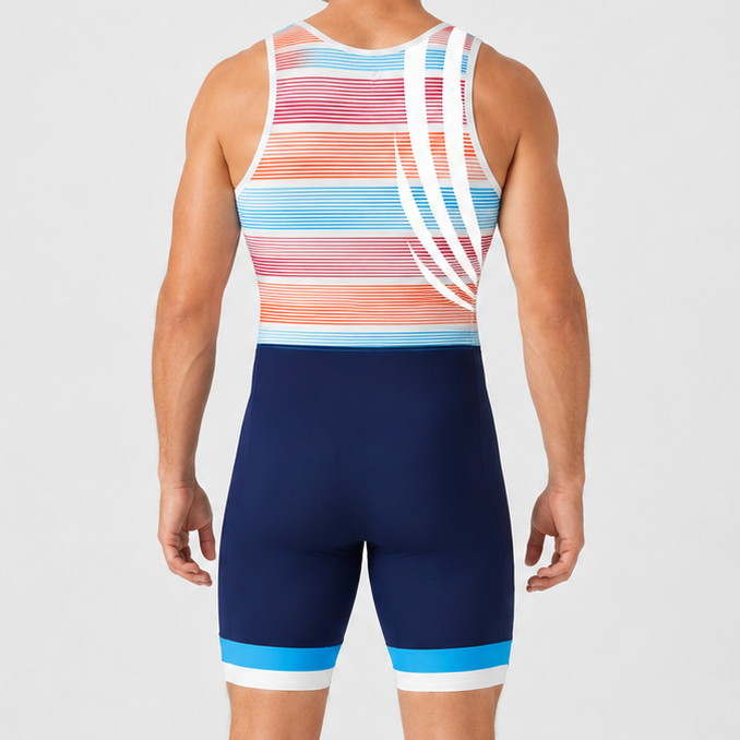 A man viewed from the back wearing a rowing unisuit with a striped pattern in pink, orange, light blue, and white, paired with white socks and shoes, against a light gray studio background.