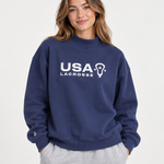 Front view of USALacrosse Mockneck Sweatshirt in blue on a model