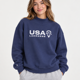 Front view of USALacrosse Mockneck Sweatshirt in blue on a model